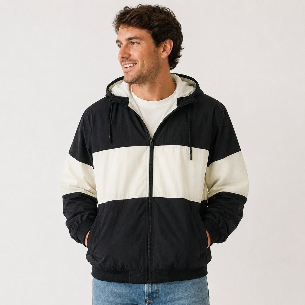 CSG Mens Colorblock Windbreaker Jacket Black White Full Zip Hooded XL